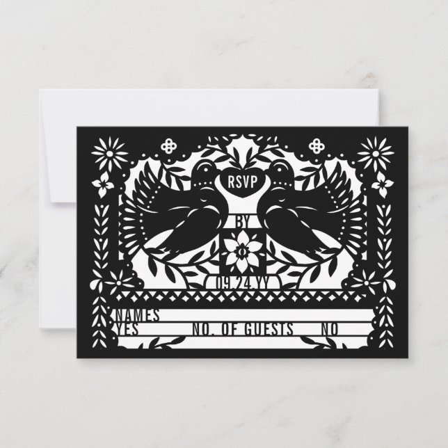 Invitation Black Mexicaine Fantail Doves Papel Picado RSVP (Devant)