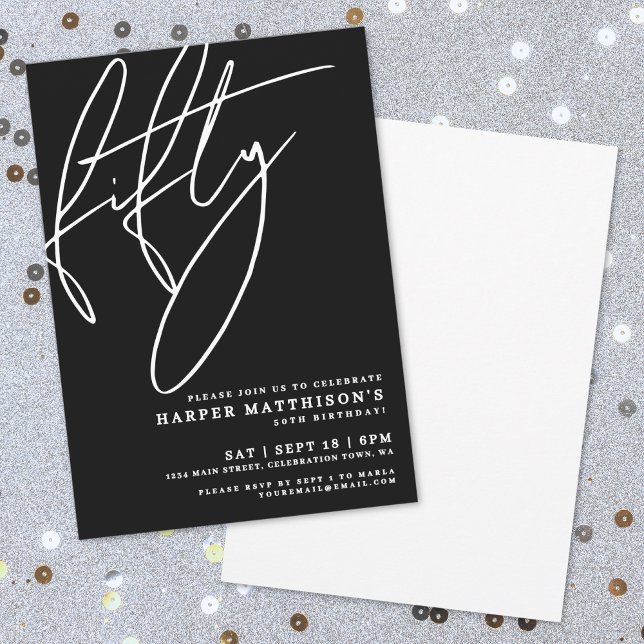 Invitation Black Minimalist Script Fifty 50th Birthday Party (Black Minimalist Script Fifty 50th Birthday Party Invitation)
