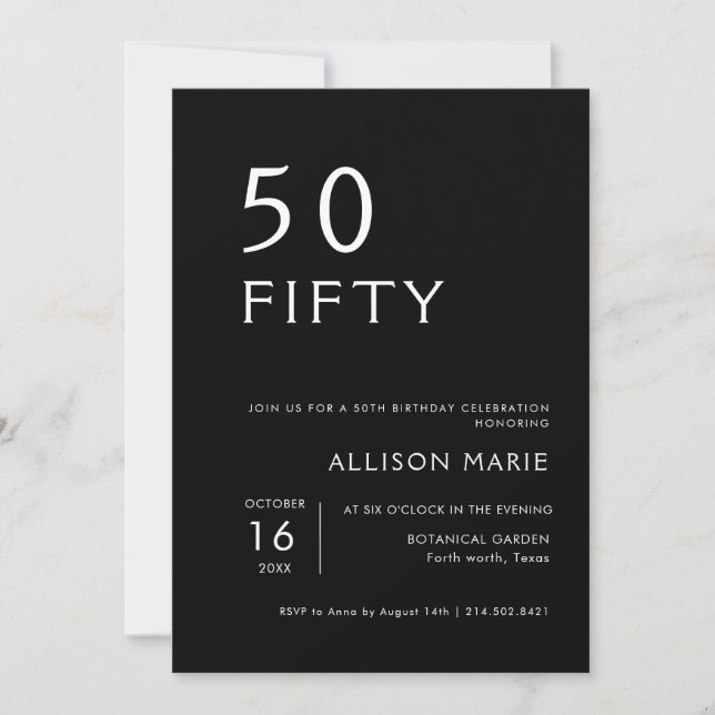 Invitation Black Modern Cinquante-ème fête d'anniversaire (Devant)