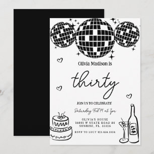 Invitation Black Modern Disco Ball 30e fête d'anniversaire