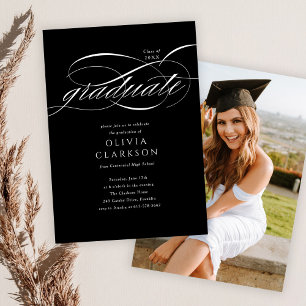 Invitation Black Modern Elegant Script Photo Graduation Party