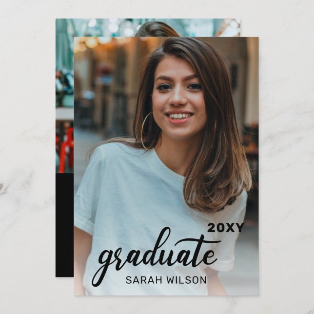 Invitation Black Modern Script Graduate Deux Photos Conduite  (Devant / Derrière)