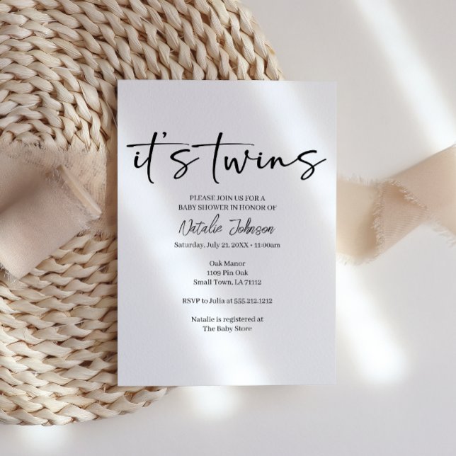 Invitation Black Modern Simple Script Twins Baby Shower (Créateur téléchargé)