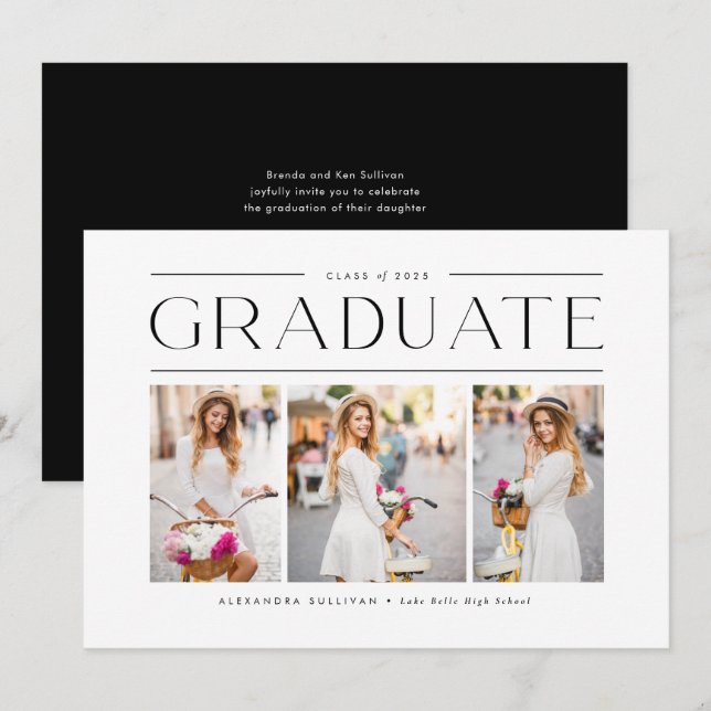 Invitation Black Modern Typographie Photo Collage Graduation (Devant / Derrière)