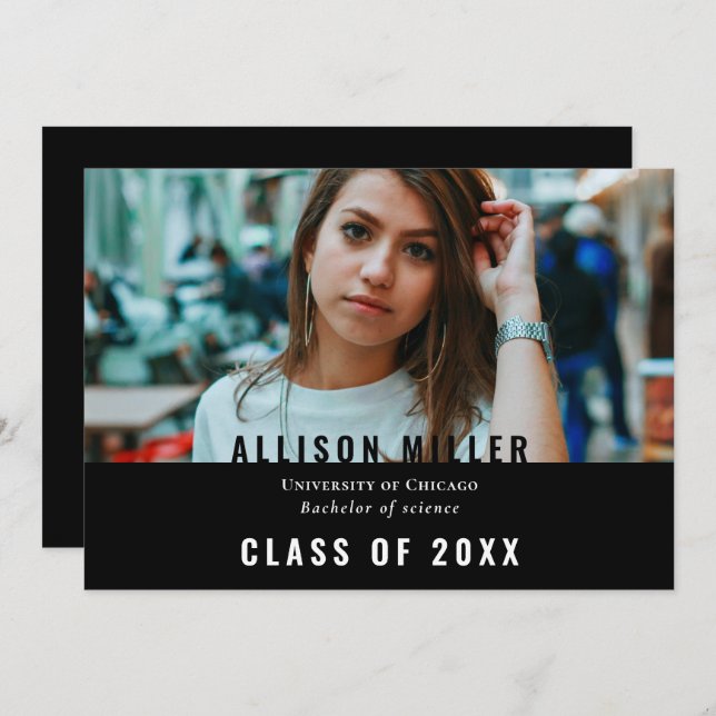 Invitation Black Modern Typographie Photo Graduation Party (Devant / Derrière)