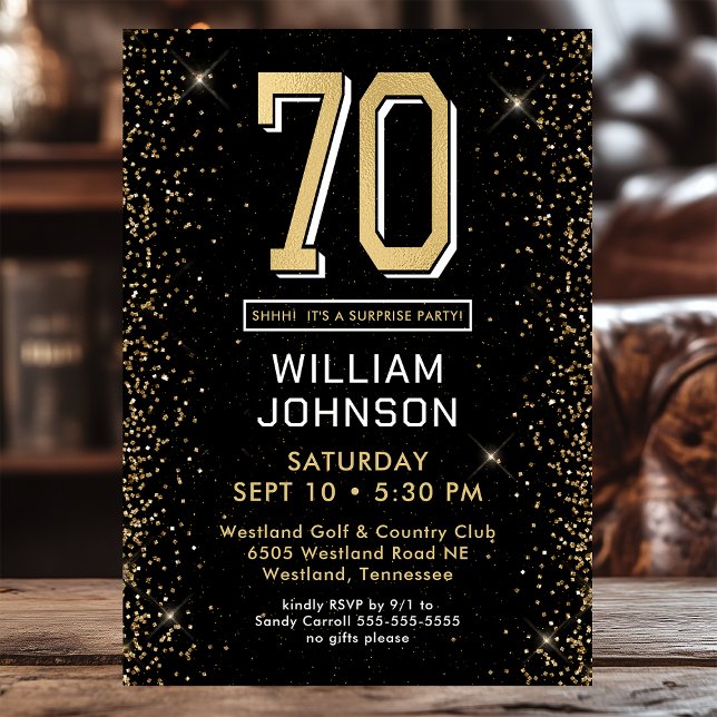 Invitation Black moderne 70e anniversaire Surprise Party (Créateur téléchargé)