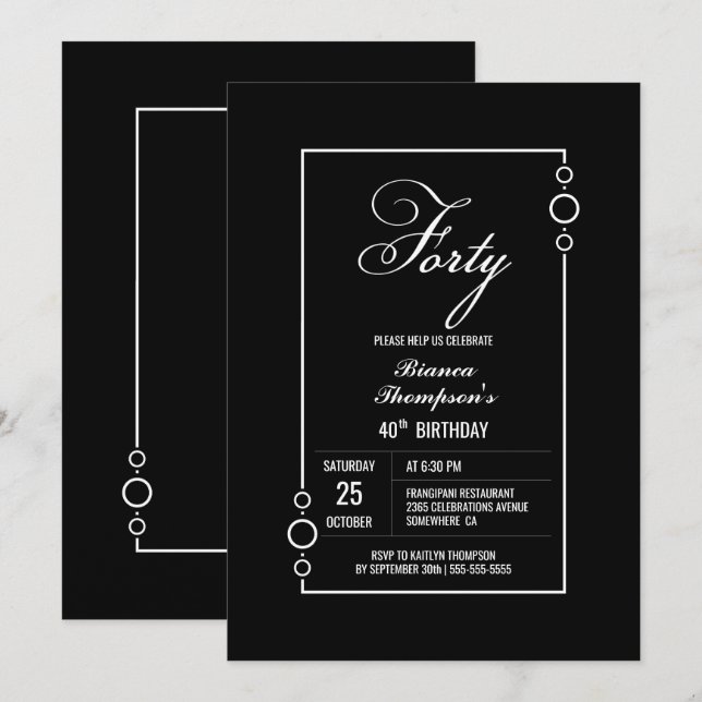 Invitation Black moderne fête du 40e anniversaire (Devant / Derrière)