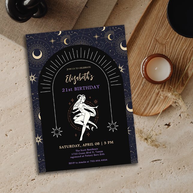 Invitation Black Mystic Aries Zodiac 21e anniversaire (Black Mystic Aries Zodiac 21st Birthday Invitation)