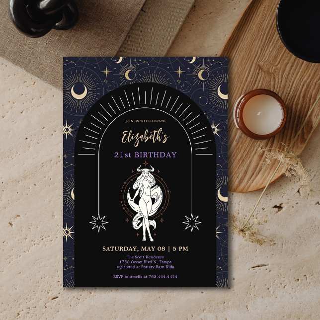 Invitation Black Mystic Taurus Zodiac 21e anniversaire (Black Mystic Taurus Zodiac 21st Birthday Invitation)