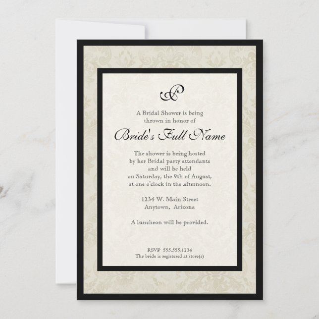 Invitation Black n Cream Fleur de Lis Mariage damassé (Devant)