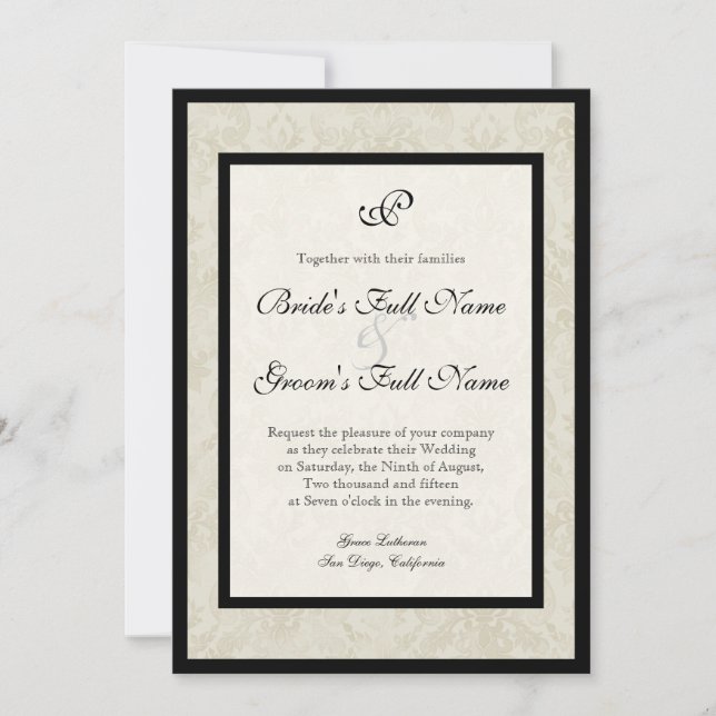 Invitation Black n Cream Fleur de Lis Mariage damassé (Devant)