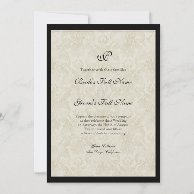Invitation Black n Cream Fleur de Lis Mariage damassé (Devant)