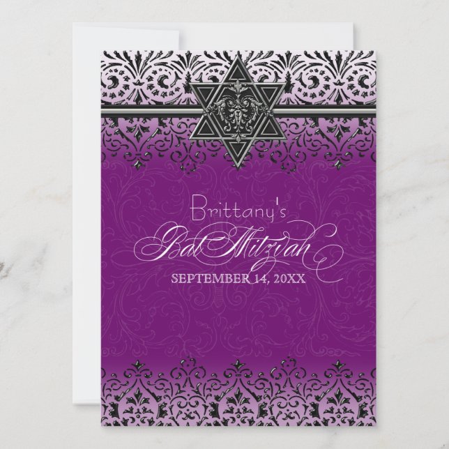 Invitation Black n White dentelle look Bat mitzvah argent Inv (Devant)