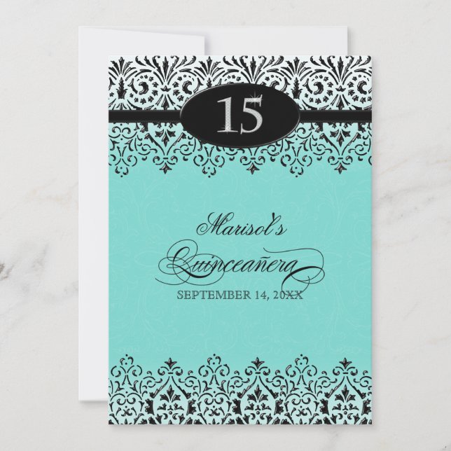 Invitation Black n White Lace Look Silver 15e Quinceanera (Devant)