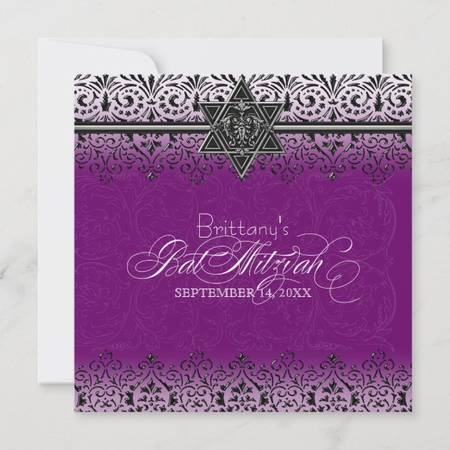 Invitation Black n White Lace Look Silver Bat mitzvah Invitat (Devant)