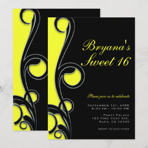 Invitation Black & Neon brillant Yellow Swirl Sweet 16 Party
