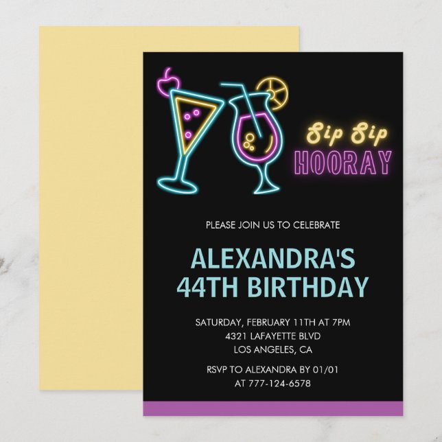 Invitation Black Neon Glow Cocktail Martini 44e anniversaire (Devant / Derrière)