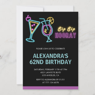 Invitation Black Neon Glow Cocktail Martini 62e anniversaire