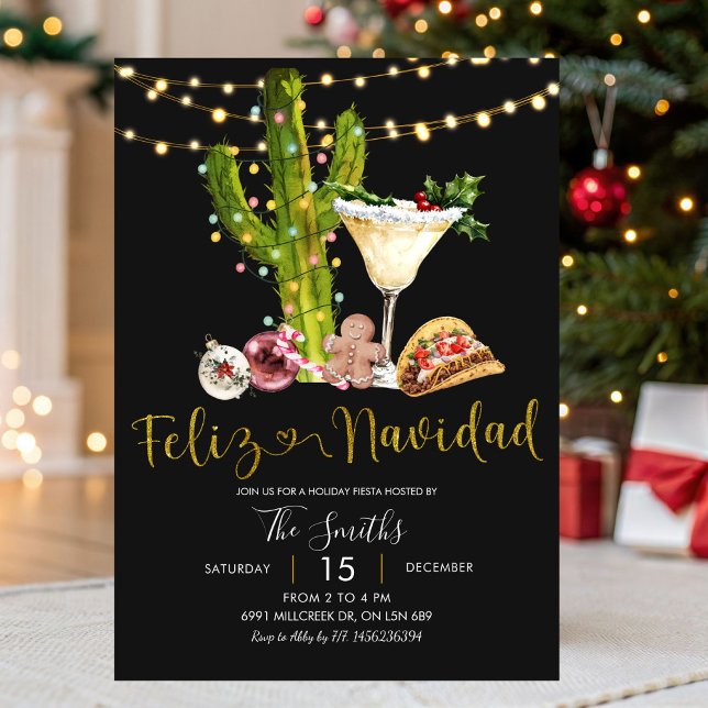 Invitation Black Neon Mexican Feliz Navidad Holiday Fiesta (Créateur téléchargé)