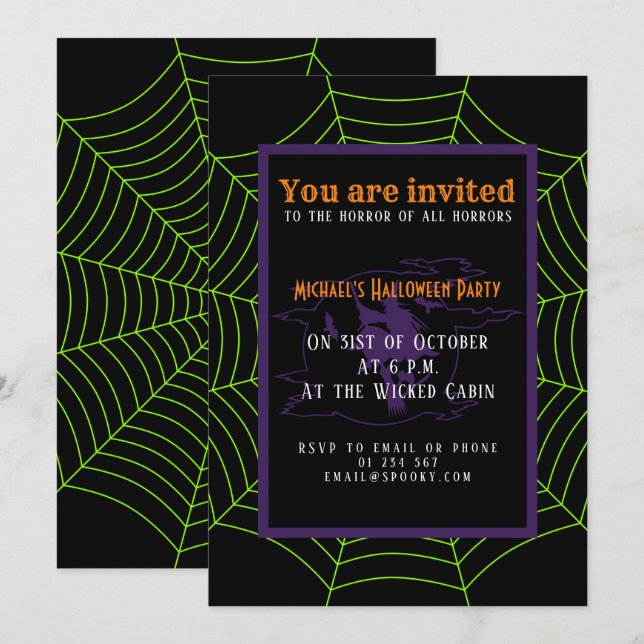 Invitation Black neon vert toile d'araignée Halloween motif (Devant / Derrière)