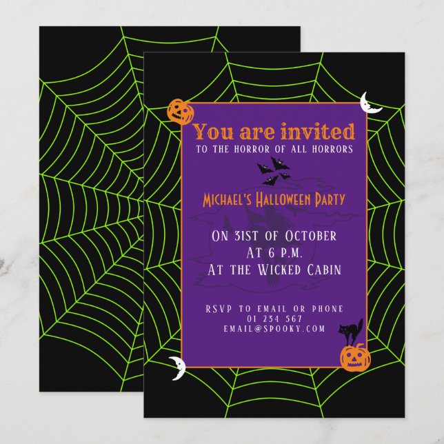 Invitation Black neon vert toile d'araignée Halloween motif (Devant / Derrière)