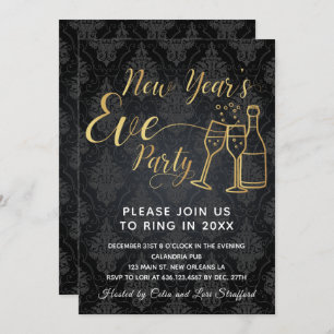 Invitation Black on Black Damask Nouvel An