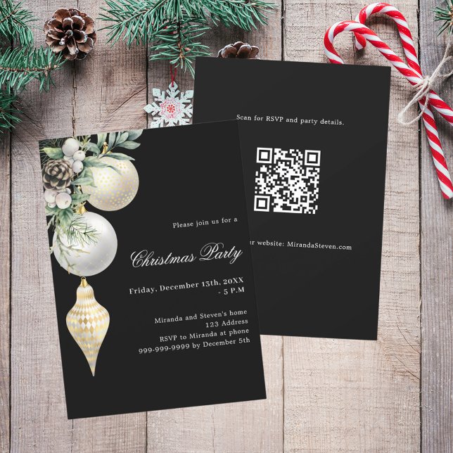 Invitation Black or blanc boules QR code Noël fête de Noël (Créateur téléchargé)