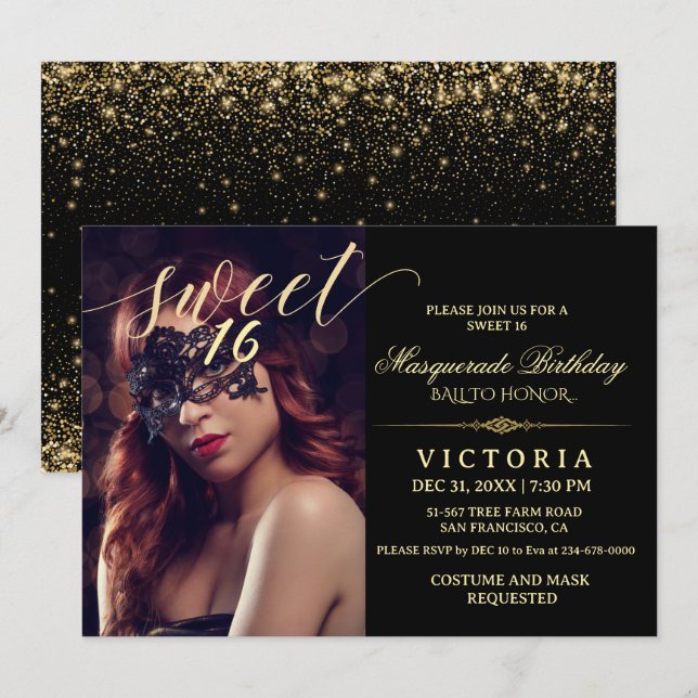 Invitation Black & or Masquerade Sweet 16 Anniversaire Photo (Devant / Derrière)