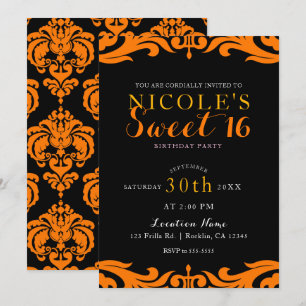 Invitation Black & Orange Damassé Chic Élégant Sweet 16 Fête