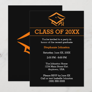 Invitation Black Orange Mortarboard Simple Graduation Party