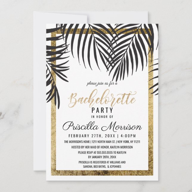 Invitation Black Palm Tree Frances Gold Border Bachelorette (Devant)