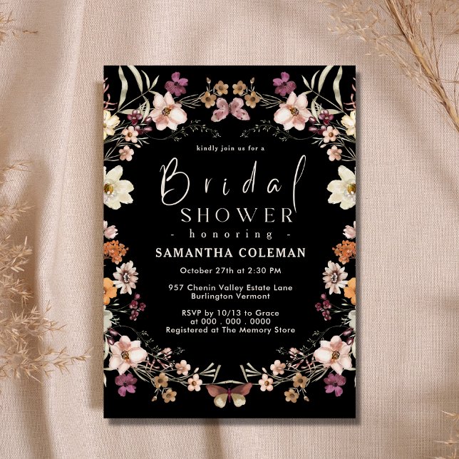 Invitation Black Pastel Boho Fleur sauvage Fête des mariées m (Créateur téléchargé)