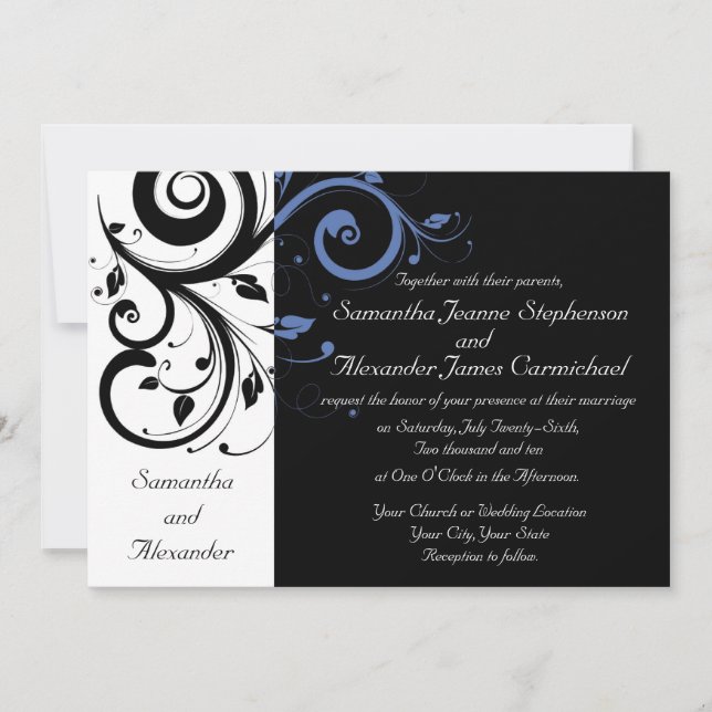 Invitation Black Periwinkle Cornflower Blue Floral Mariage (Devant)