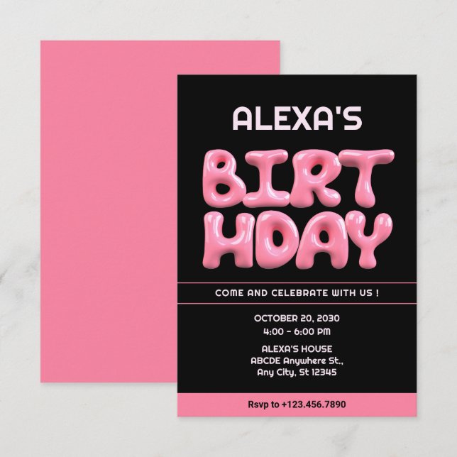 Invitation Black Pink 3d bulle de gomme anniversaire (Devant / Derrière)