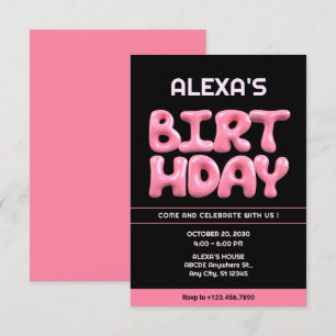 Invitation Black Pink 3d bulle de gomme anniversaire