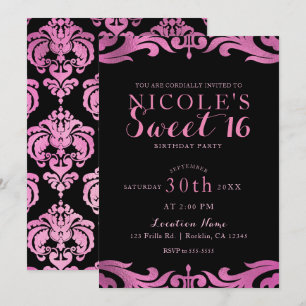 Invitation Black & Pink Damask Chic Élégant Fête Douce 16