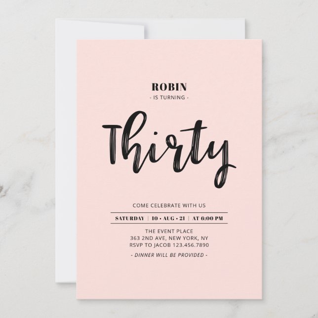 Invitation Black & Pink | Fête simple de 30 ans (Devant)