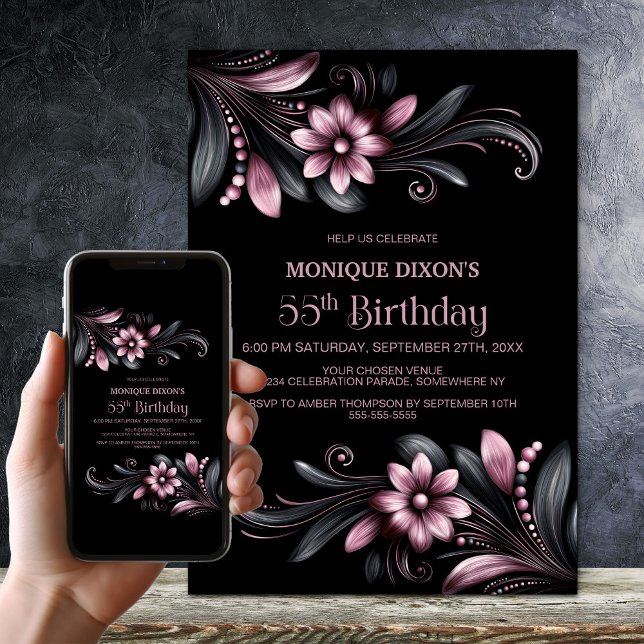 Invitation Black Pink Floral 55th Birthday Party (Créateur téléchargé)