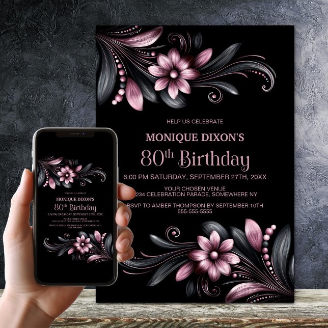 Invitation Black Pink Floral 80th Birthday Party (Créateur téléchargé)