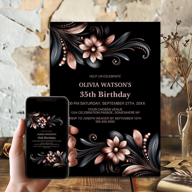 Invitation Black Pink Floral Birthday Party (Créateur téléchargé)