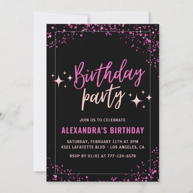 Invitation Black Pink Glam Parties scintillant fête de 47e an (Devant)