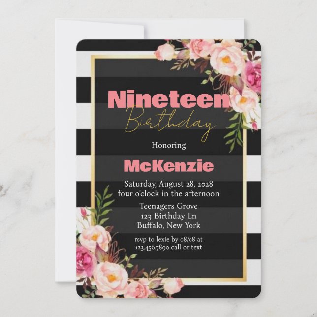 Invitation Black Pink Peony Gold Girl 19e fête d'anniversaire (Devant)