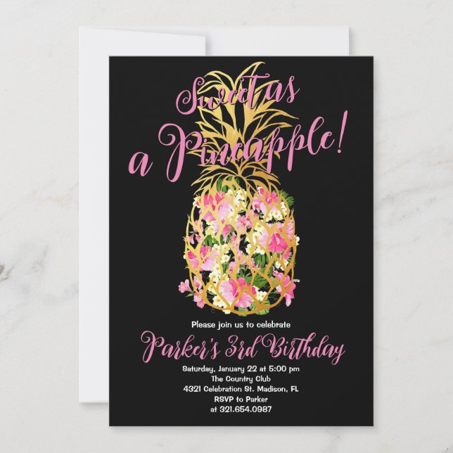 Invitation Black Pink Sweet a Pineappy Anniversaire (Devant)