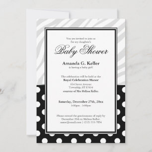 Invitation Black Polka Dot Zebra Imprimer Baby shower Invitat