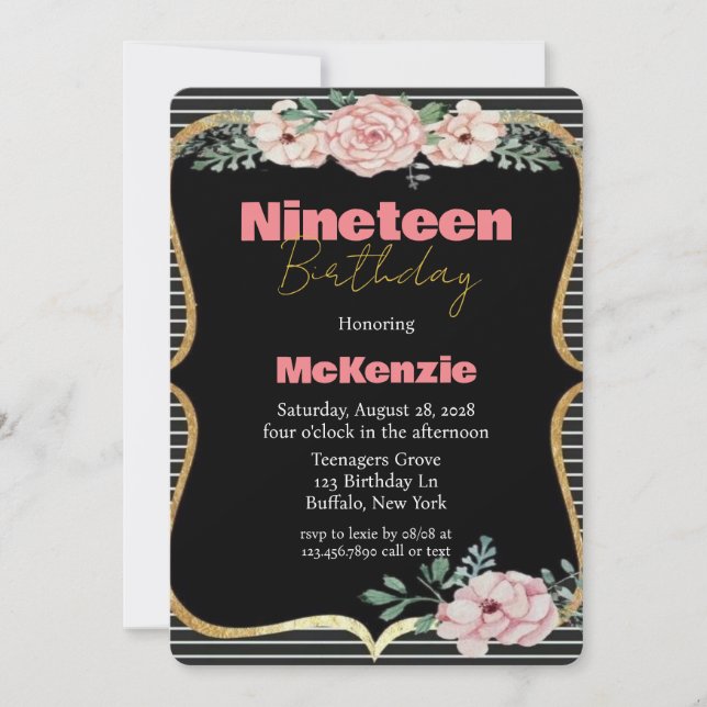 Invitation Black Punk Peony Gold Girl 19e fête d'anniversaire (Devant)