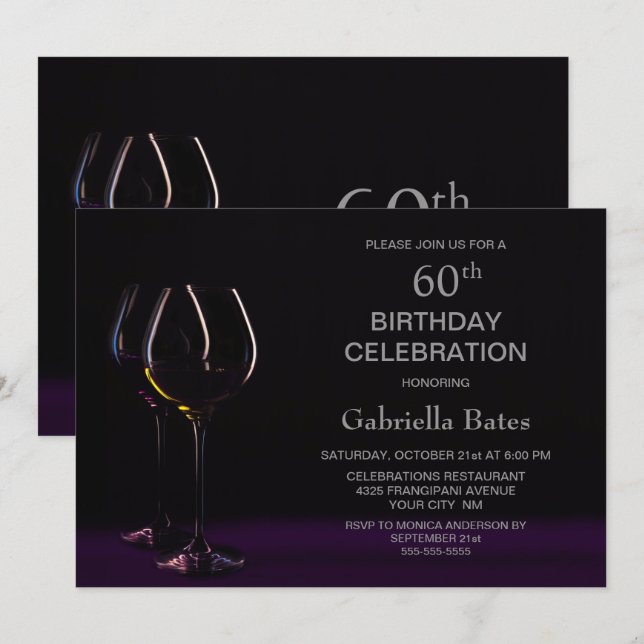 Invitation Black Purple 60e Anniversaire Vin Glass Party (Devant / Derrière)
