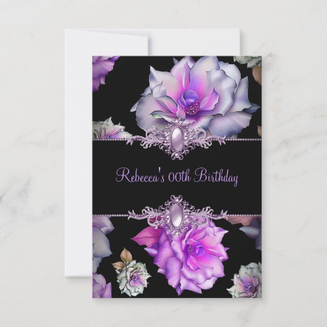 Invitation Black Purple Floral Anniversaire Party Pearl Image (Devant)