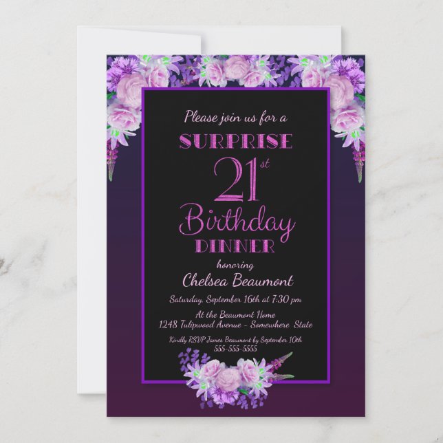 Invitation Black Purple Floral Surprise 21e Anniversaire Dîne (Devant)