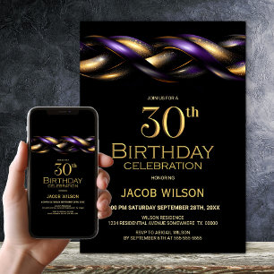 Invitation Black Purple Gold 30e fête d'anniversaire