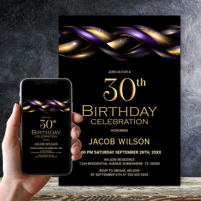 Invitation Black Purple Gold 30e fête d'anniversaire (Créateur téléchargé)